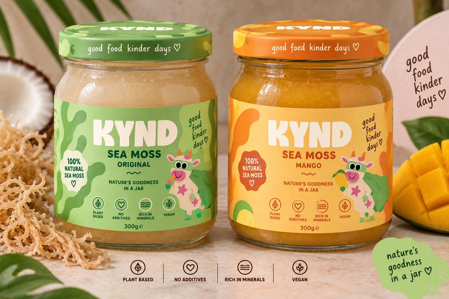 KYND sea moss jars in original and mango